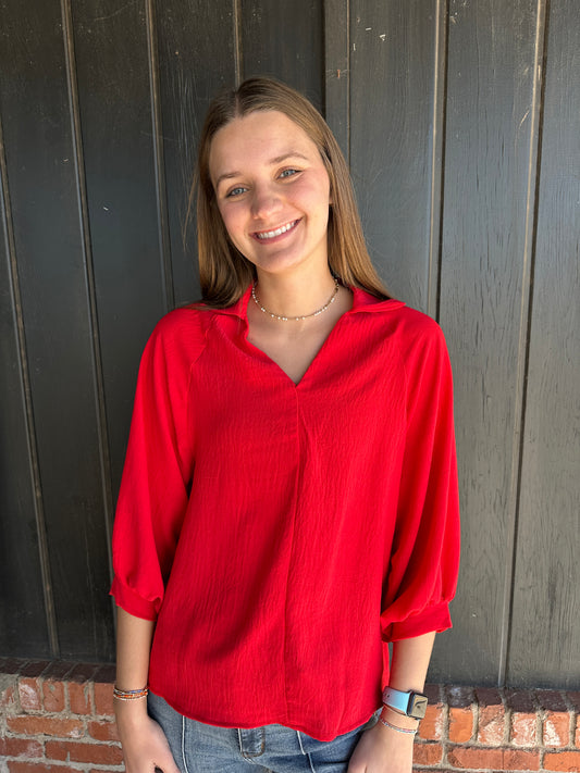 Red Collared V Neck Blouse