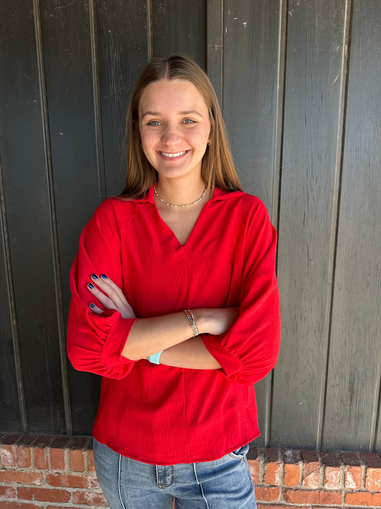Red Collared V Neck Blouse
