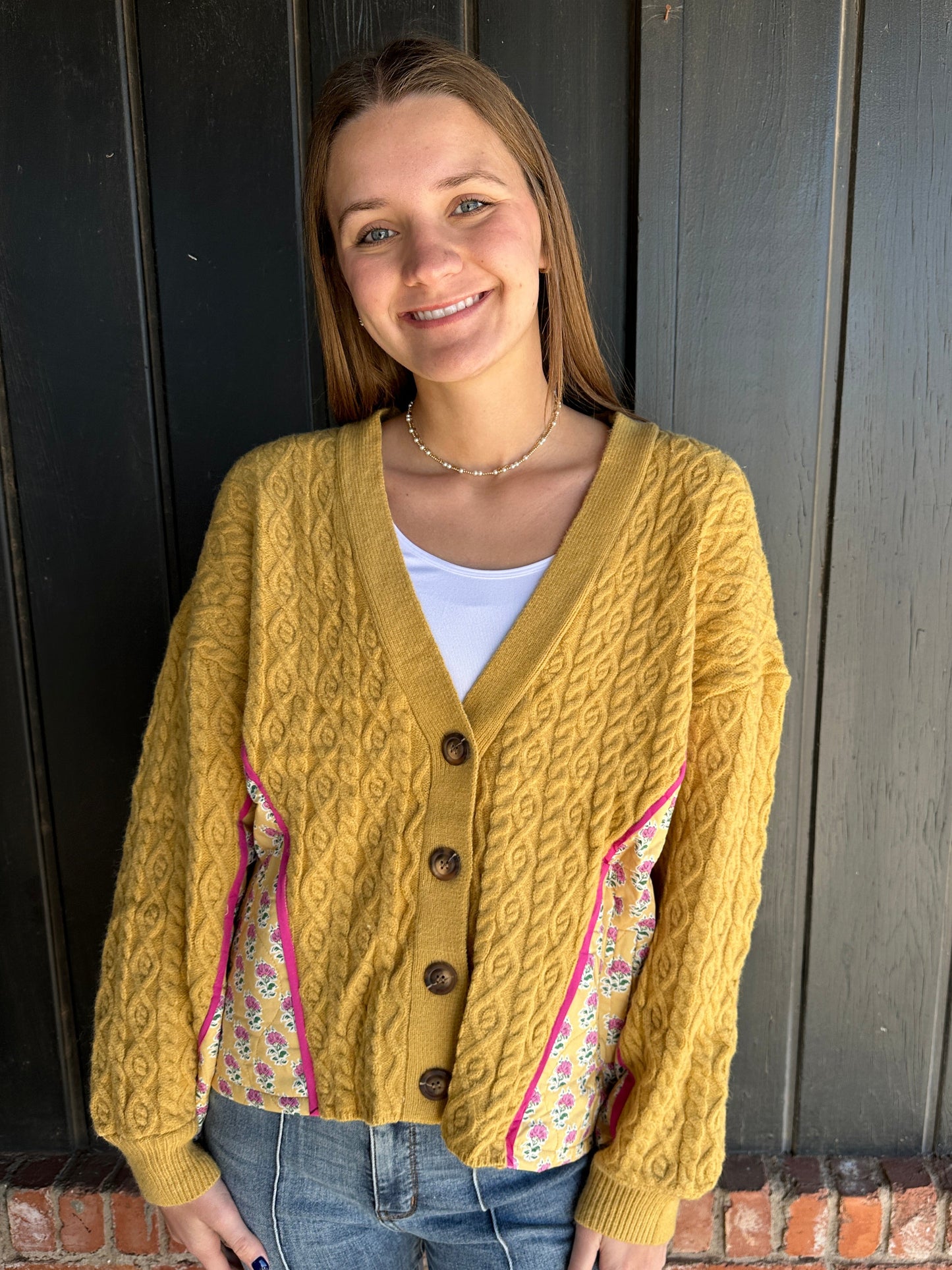 Cable Knit Flower Printed Combo Button Up Cardigan