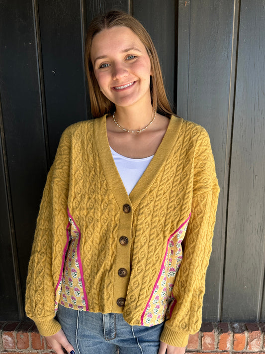 Cable Knit Flower Printed Combo Button Up Cardigan