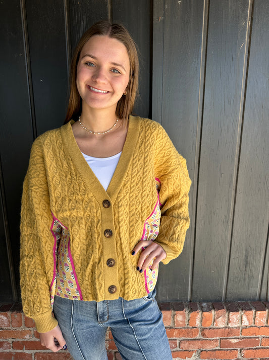 Cable Knit Flower Printed Combo Button Up Cardigan