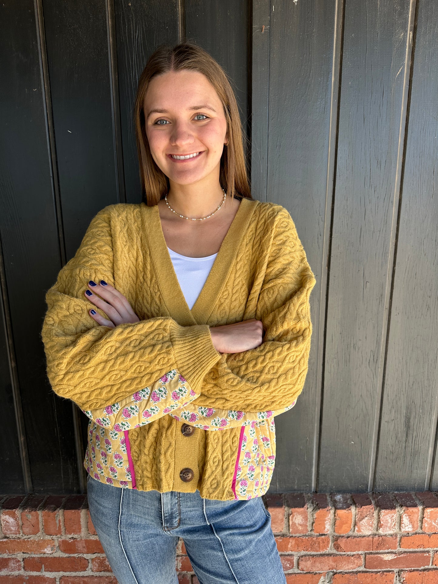 Cable Knit Flower Printed Combo Button Up Cardigan