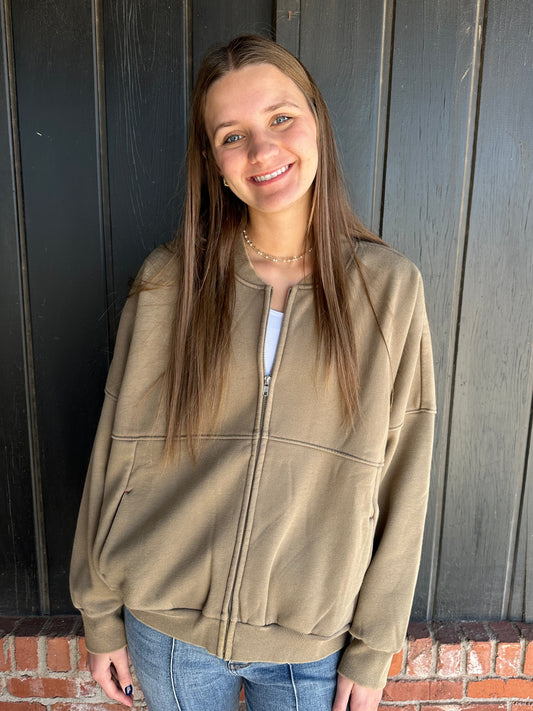 Olive Grey Mineral Wash Bomber Jacket