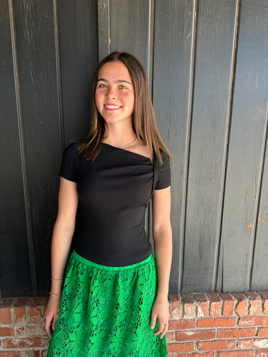 Black Asymmetrical Ruched Short Sleeve Top