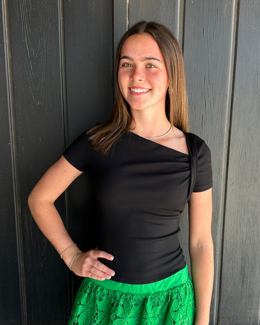 Black Asymmetrical Ruched Short Sleeve Top