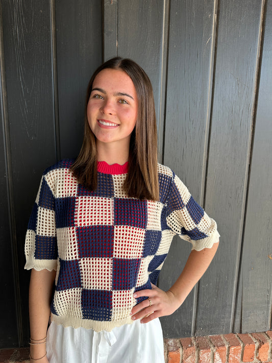 Navy Checked Short-sleeve Knit Top
