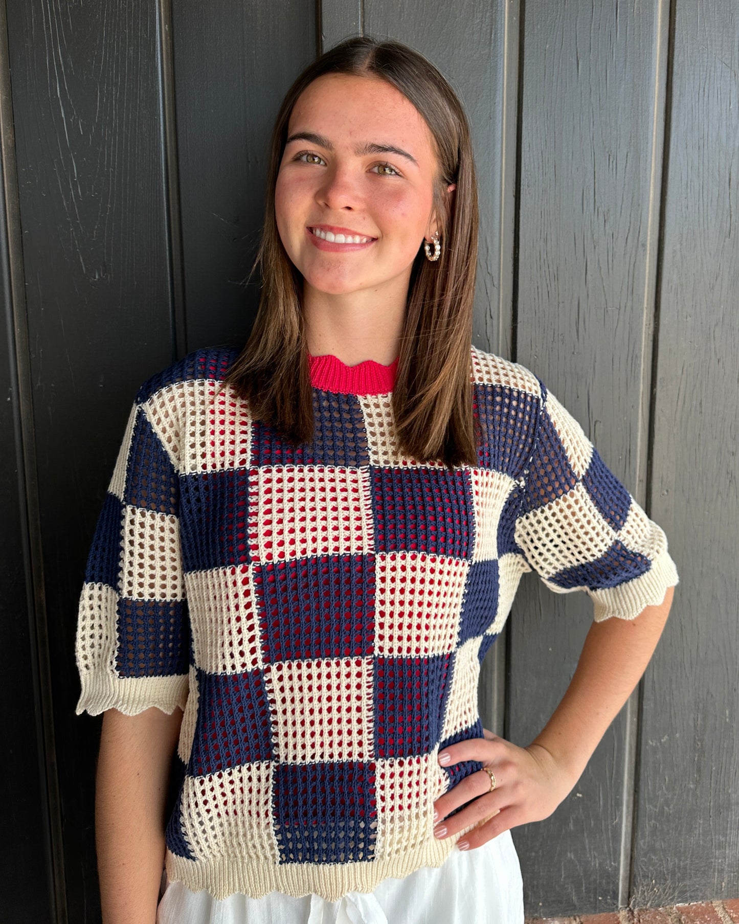 Navy Checked Short-sleeve Knit Top