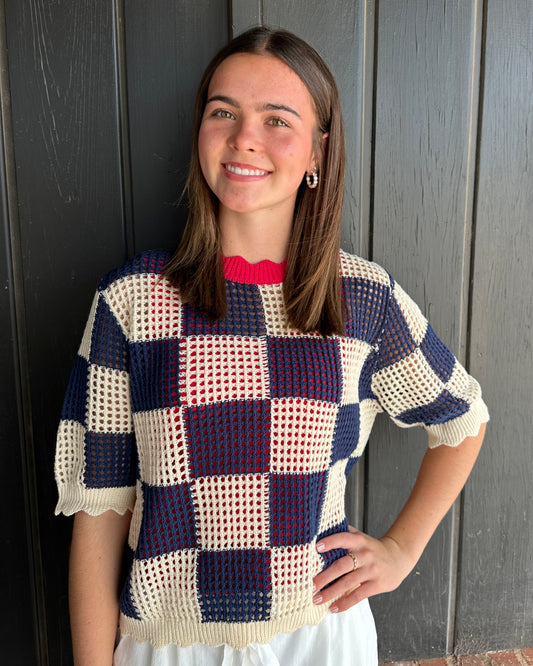 Navy Checked Short-sleeve Knit Top
