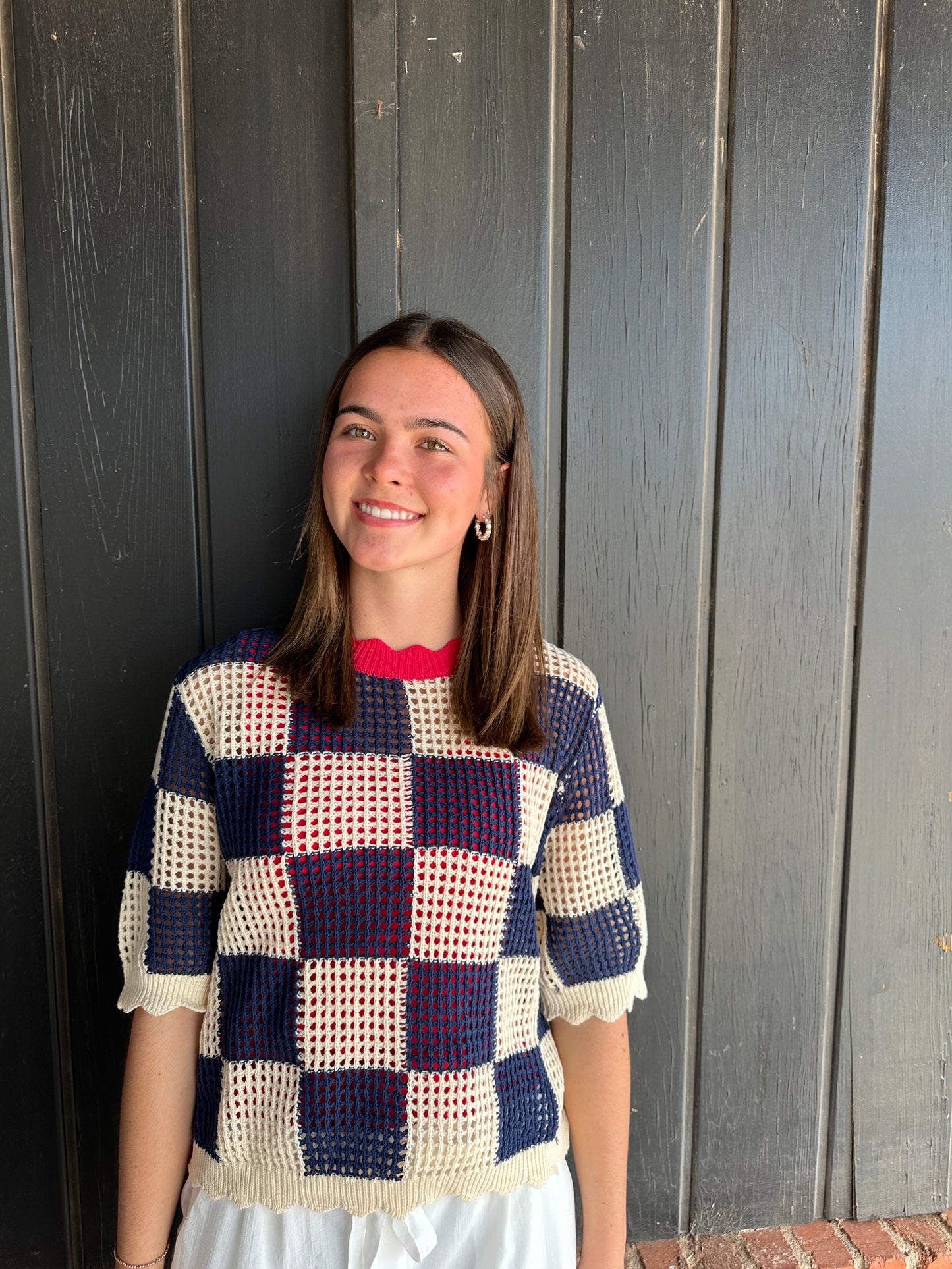 Navy Checked Short-sleeve Knit Top