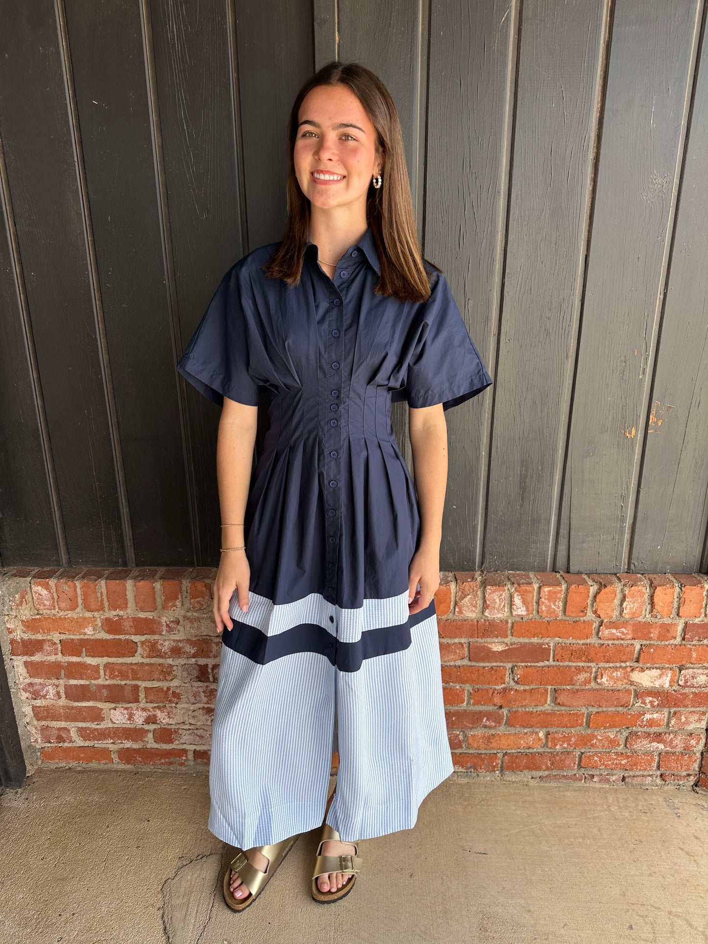 Blue and Blue Short Sleeve Shirt Dress