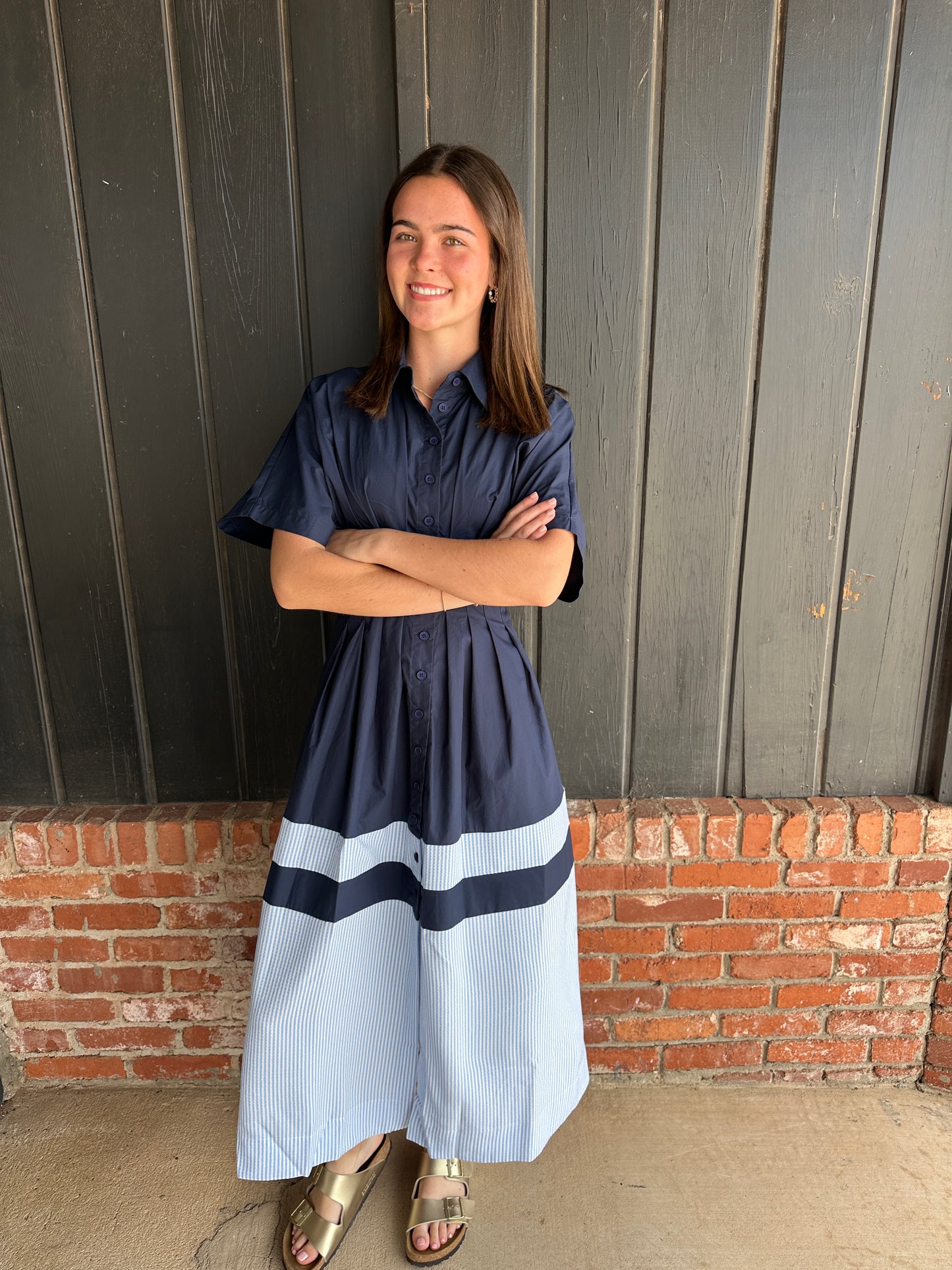 Blue and Blue Short Sleeve Shirt Dress
