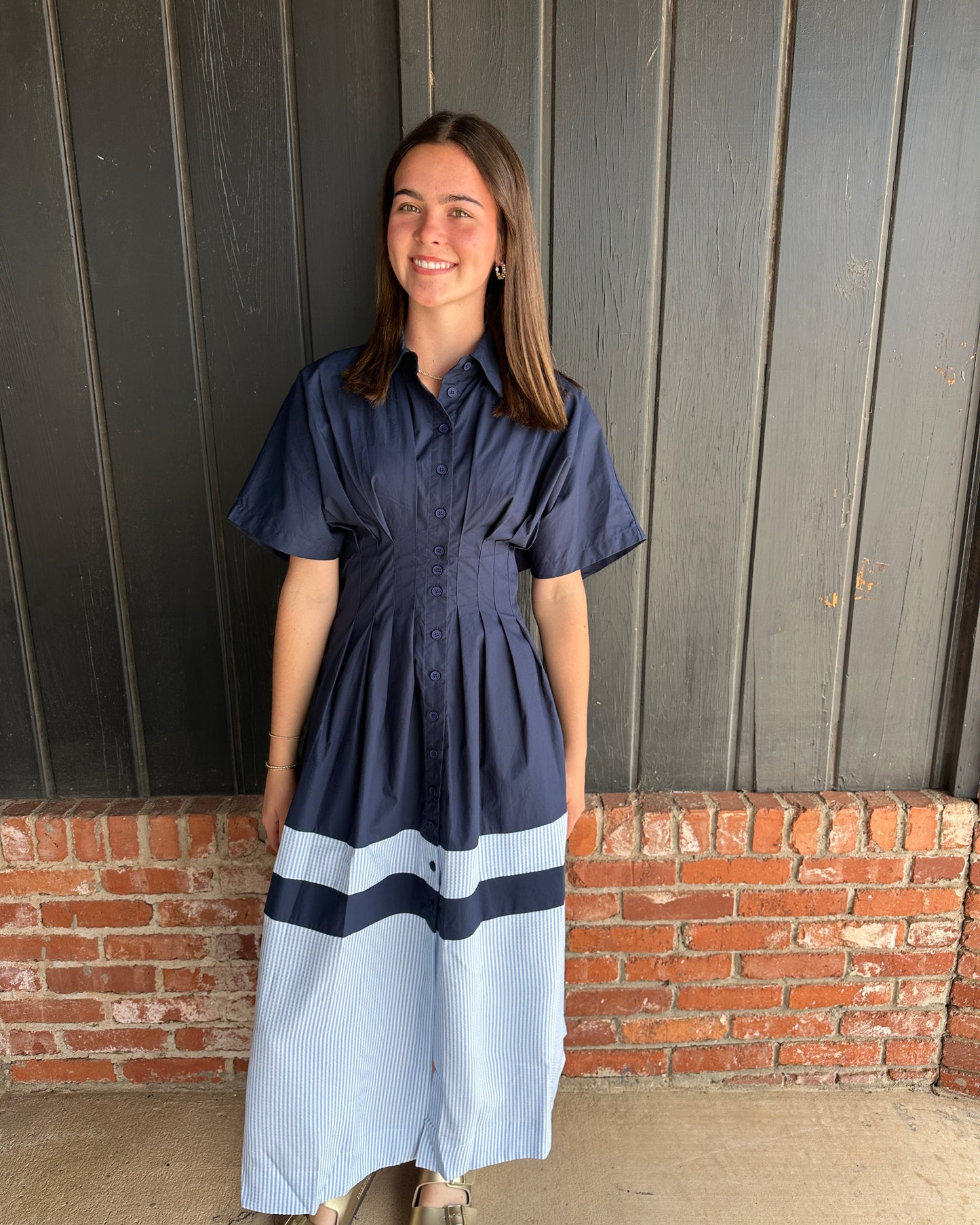 Blue and Blue Short Sleeve Shirt Dress