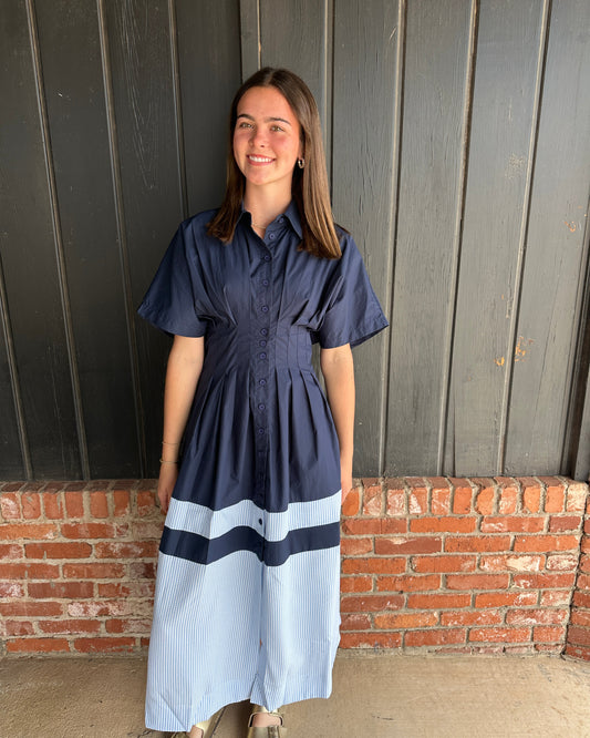 Blue and Blue Short Sleeve Shirt Dress