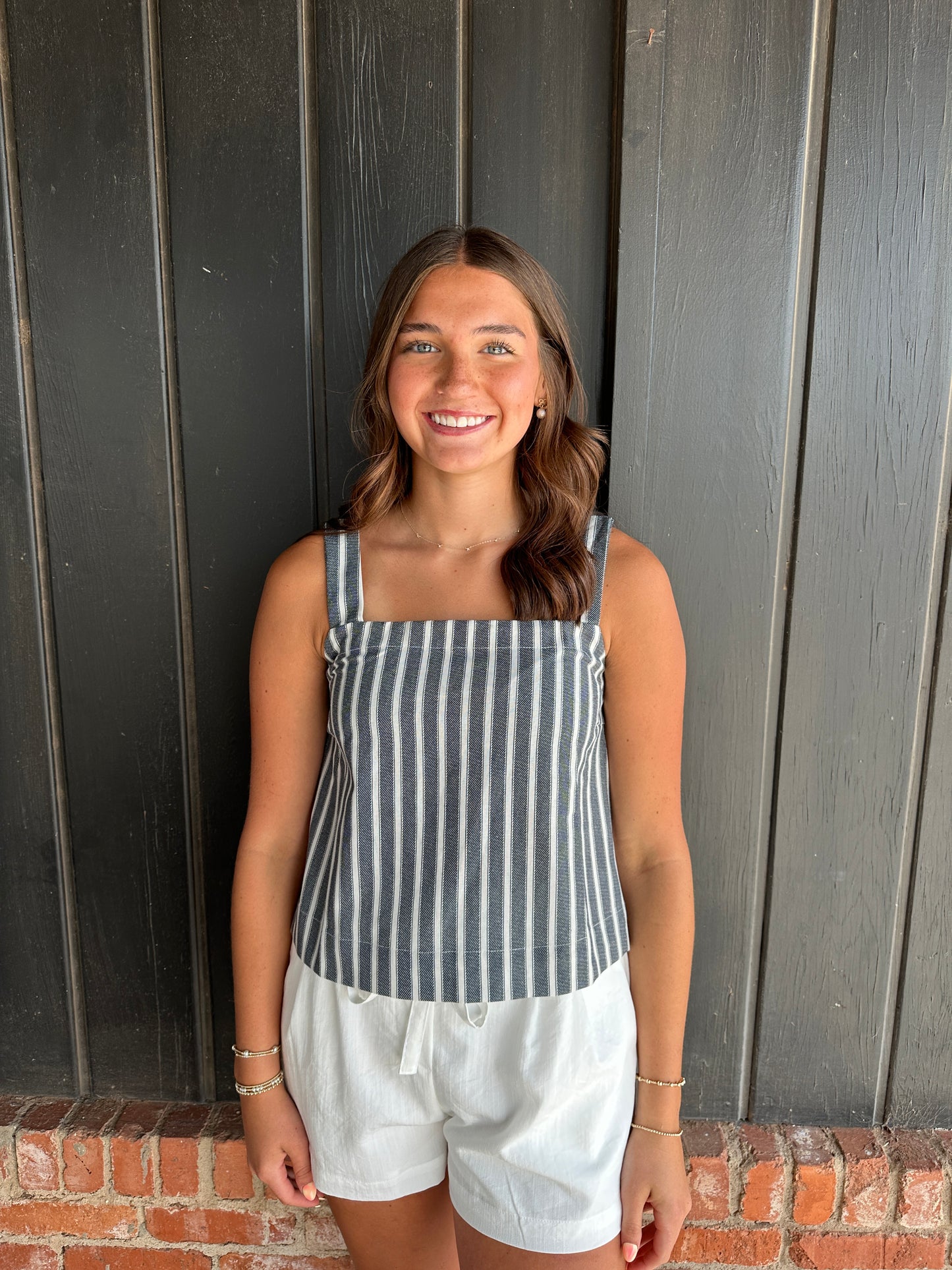 Striped Square Neck Linen Woven Top