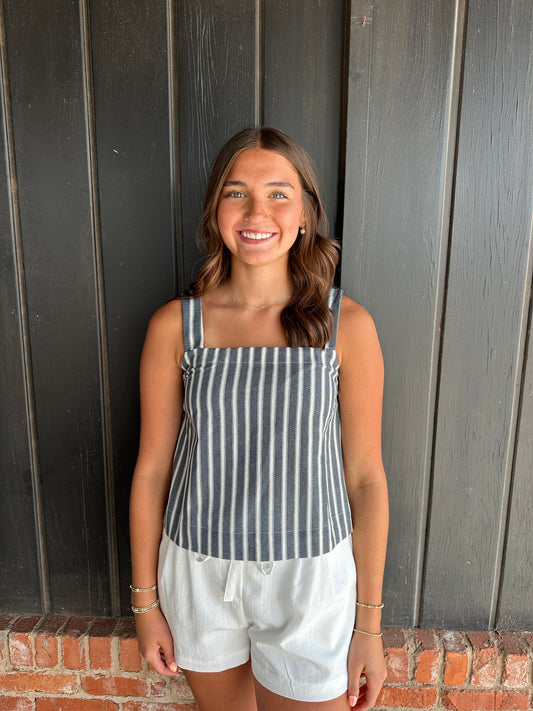 Striped Square Neck Linen Woven Top