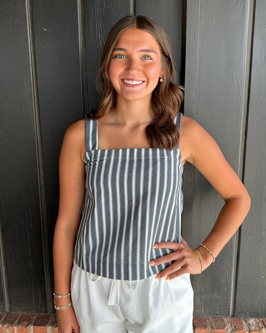 Striped Square Neck Linen Woven Top