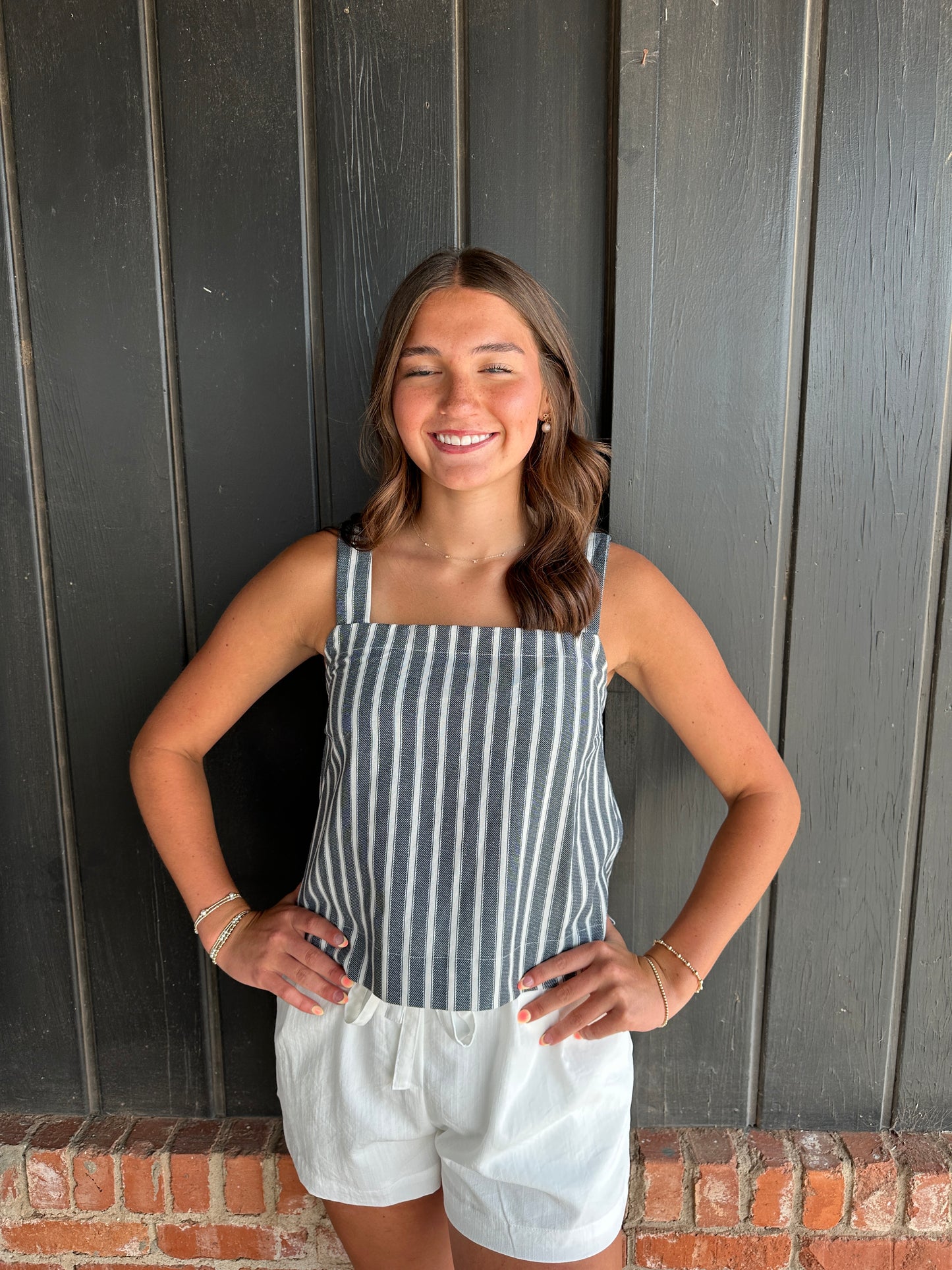 Striped Square Neck Linen Woven Top
