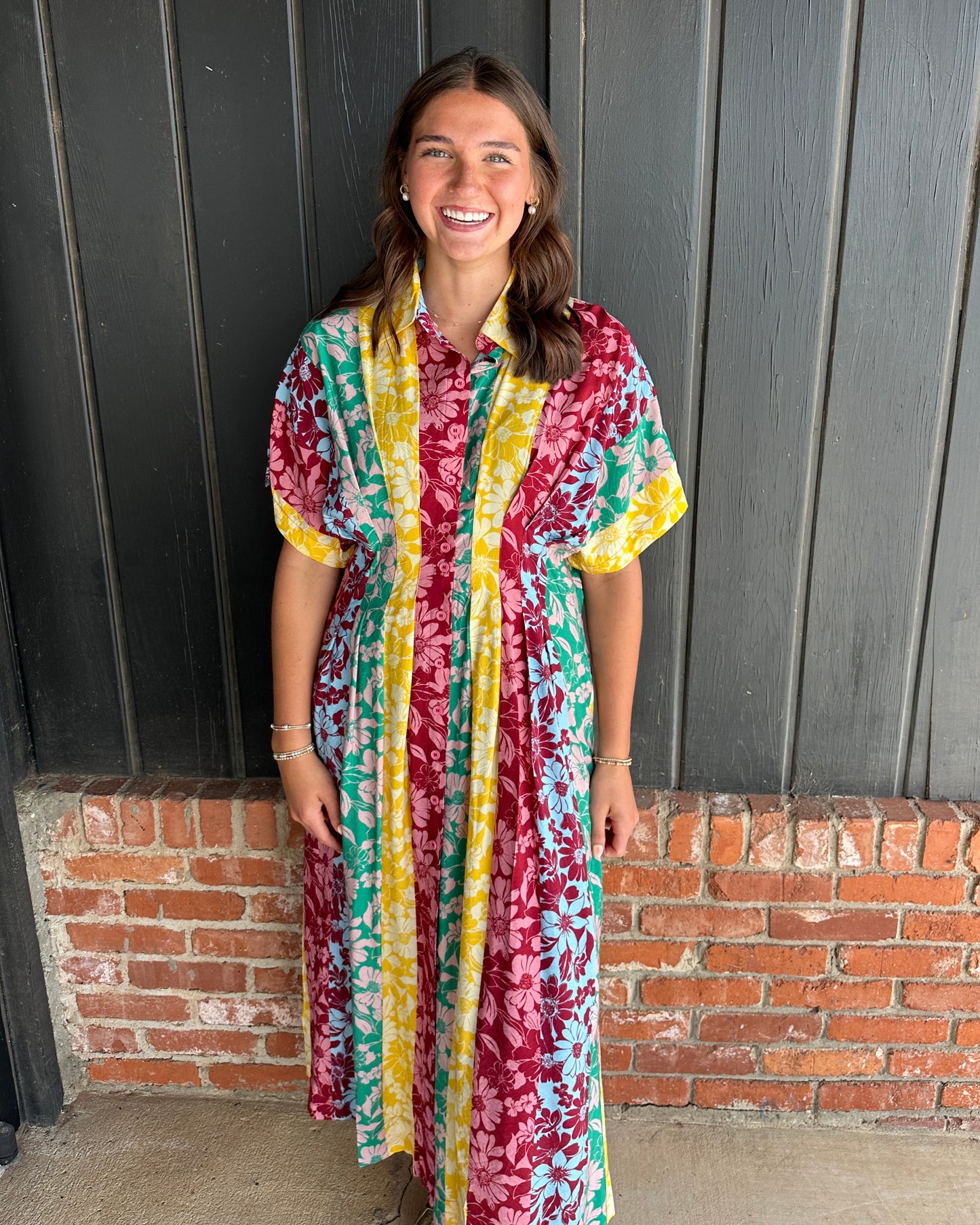 Mixed Floral Print Button-front Midi Dress
