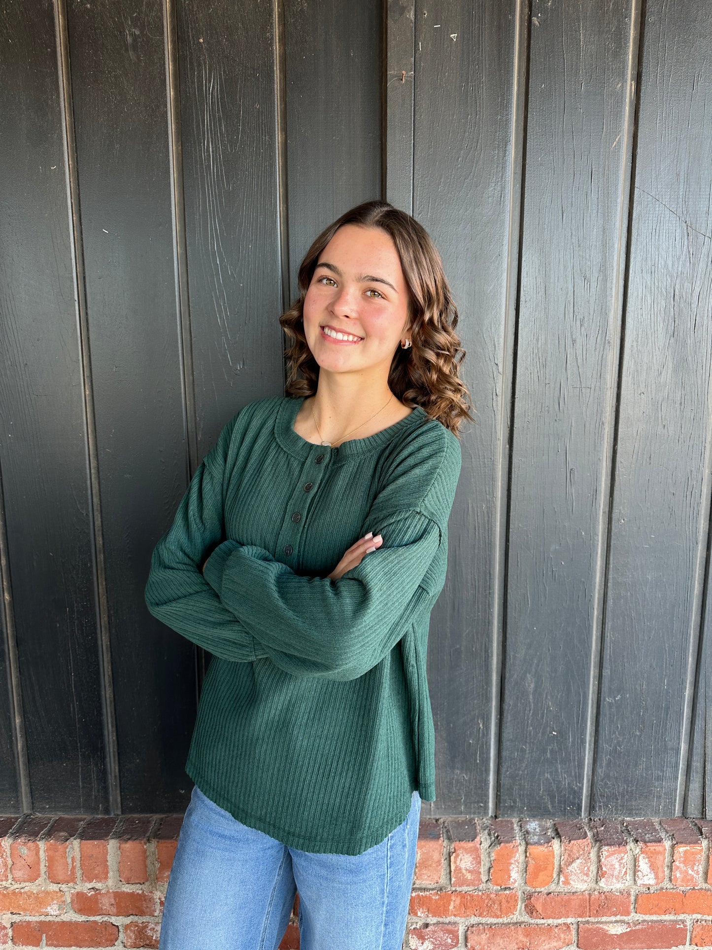 Hunter Green Ribbed Henley Top