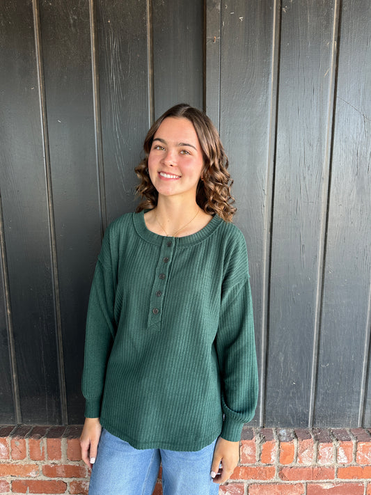 Hunter Green Ribbed Henley Top