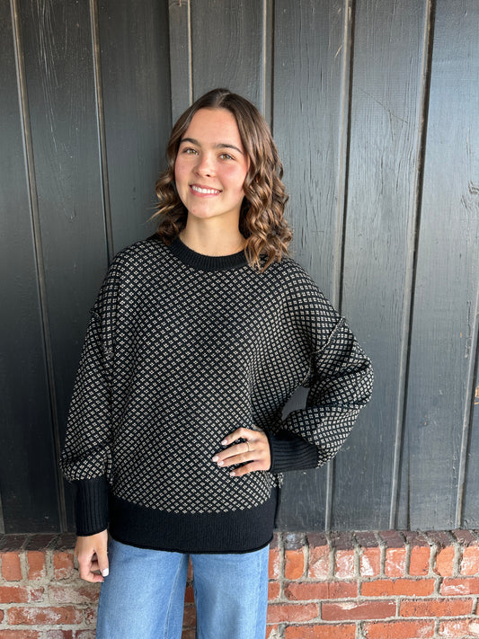 Black Mini Jacquard Crew Neck Long Sleeve Knit Sweater