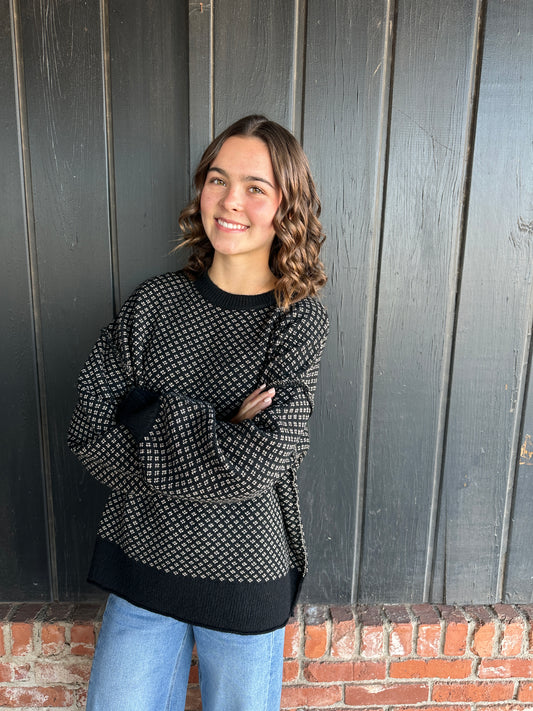 Black Mini Jacquard Crew Neck Long Sleeve Knit Sweater