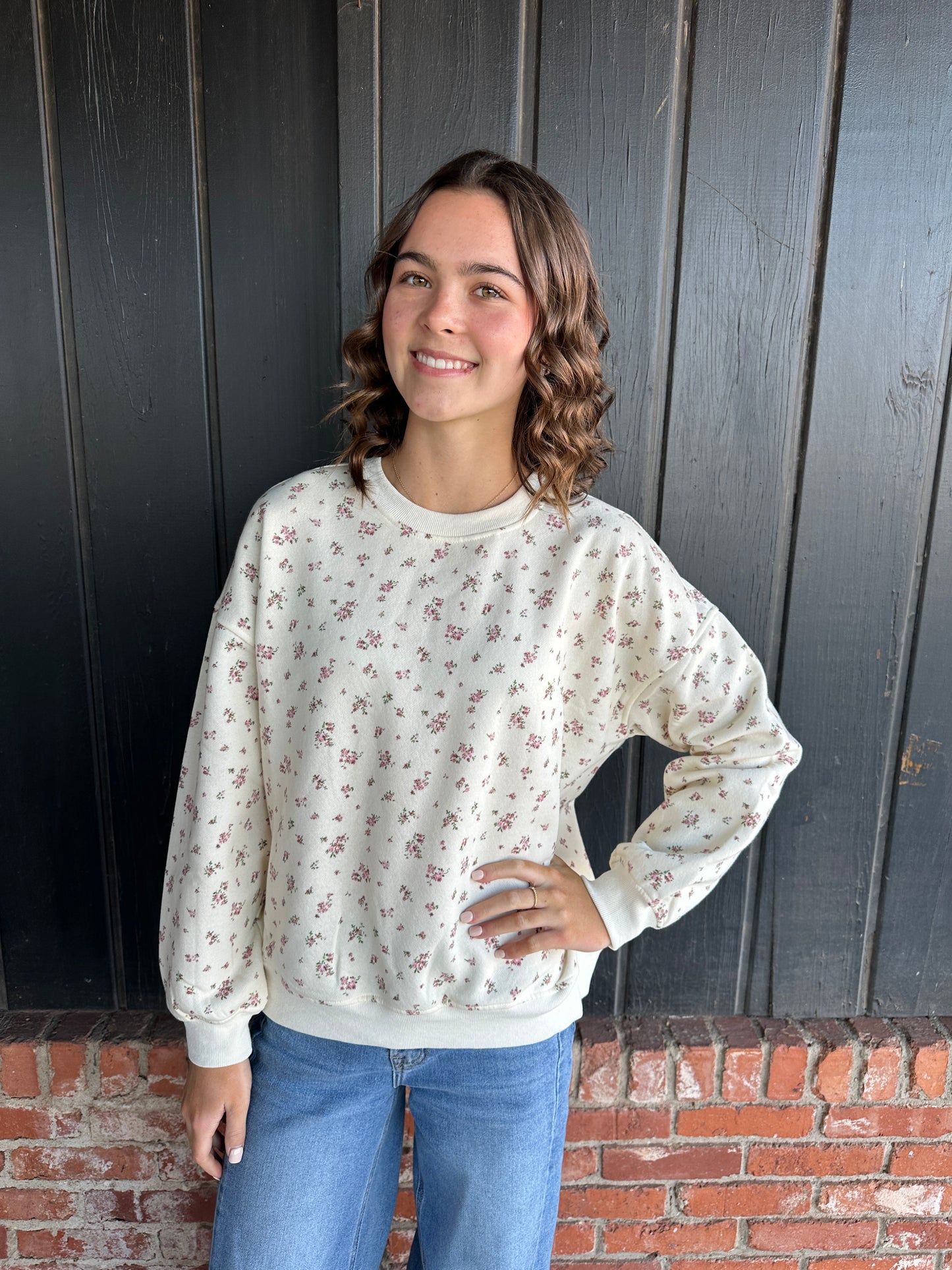 Floral Print Crew Neck Long Sleeve Knit Top