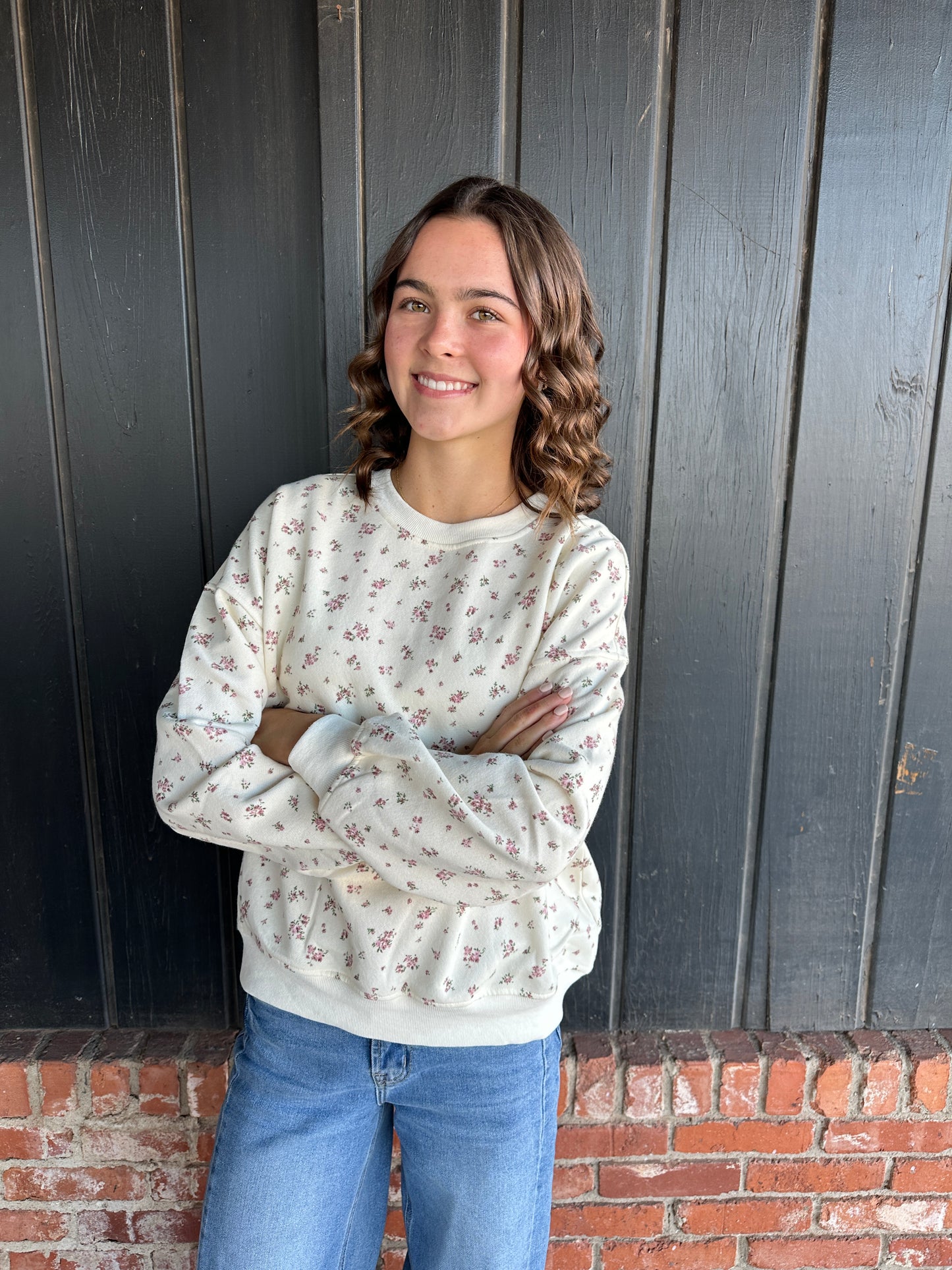 Floral Print Crew Neck Long Sleeve Knit Top