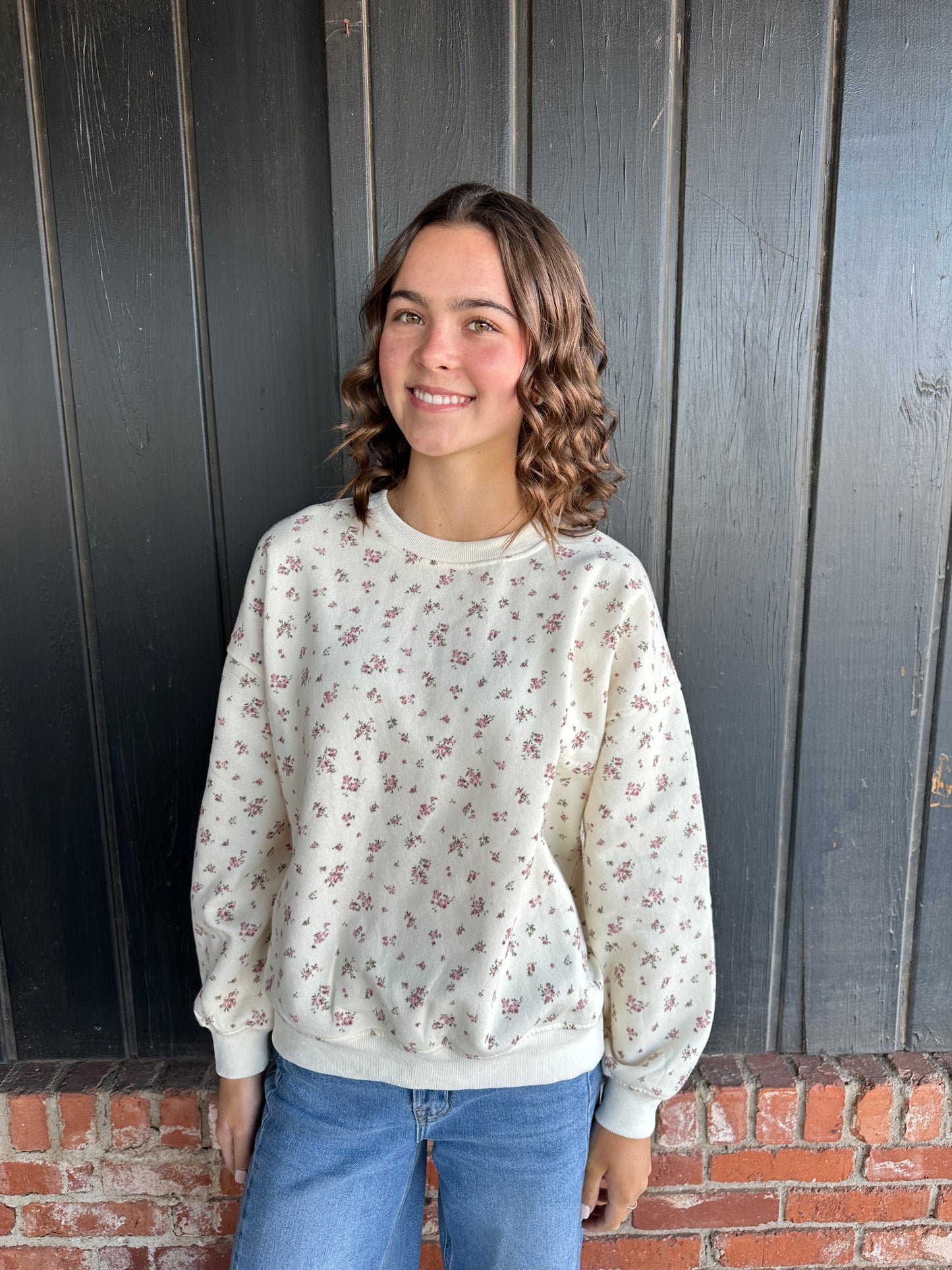 Floral Print Crew Neck Long Sleeve Knit Top