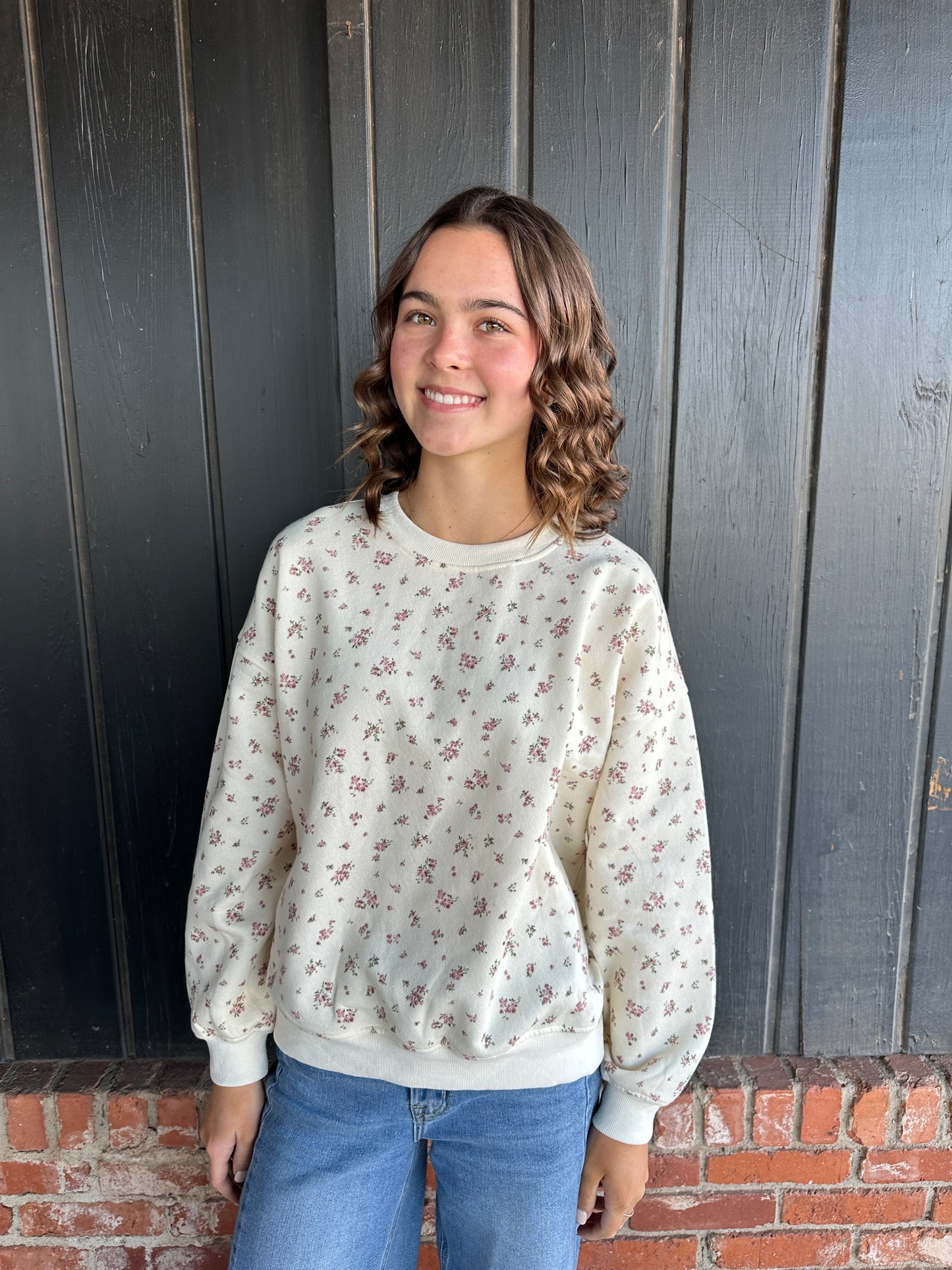 Floral Print Crew Neck Long Sleeve Knit Top