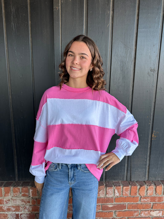 Pink and White Contrast Panel Long Sleeve Slouchy Top