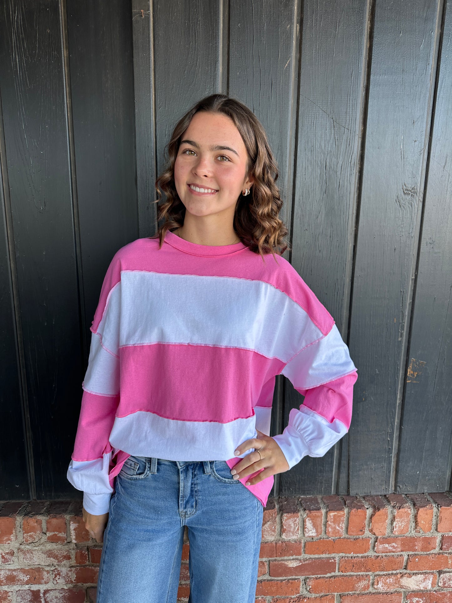 Pink and White Contrast Panel Long Sleeve Slouchy Top