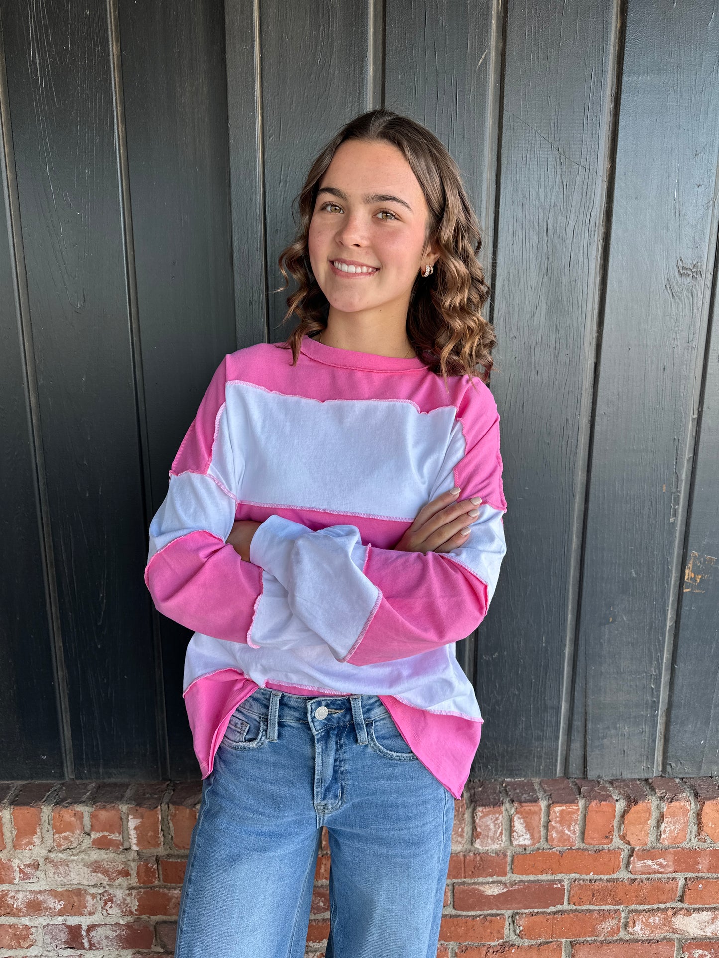 Pink and White Contrast Panel Long Sleeve Slouchy Top