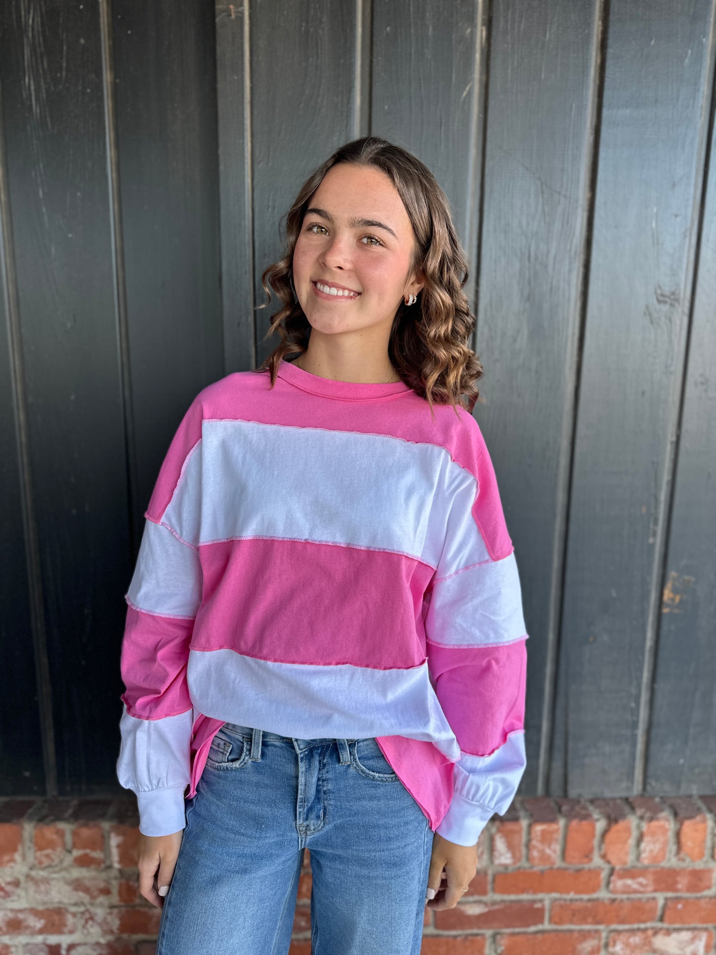 Pink and White Contrast Panel Long Sleeve Slouchy Top