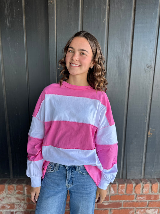 Pink and White Contrast Panel Long Sleeve Slouchy Top