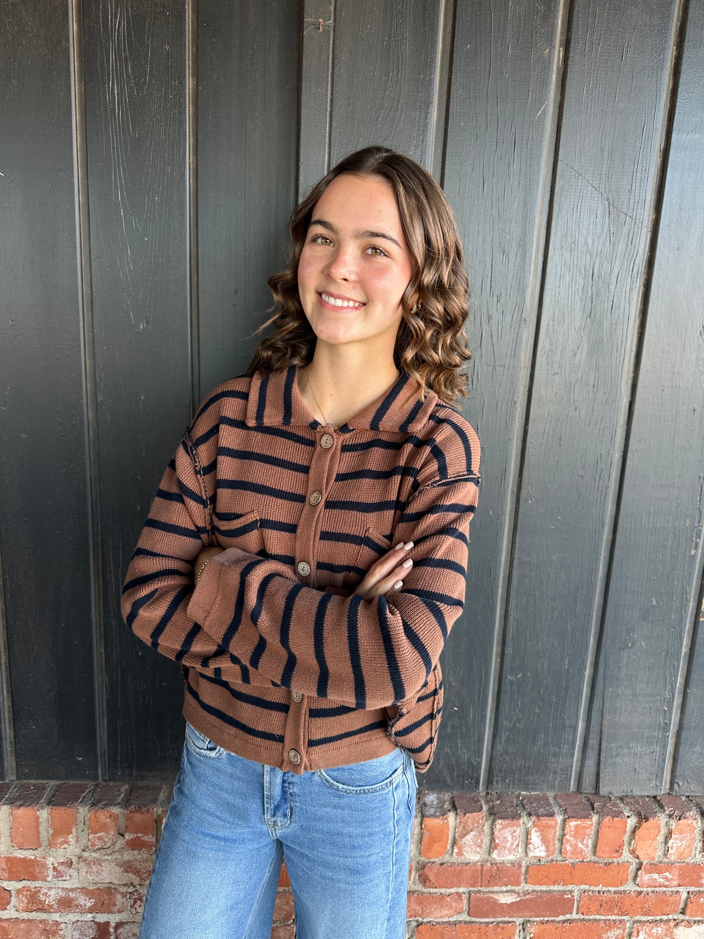 Brown Striped Collared Cardigan