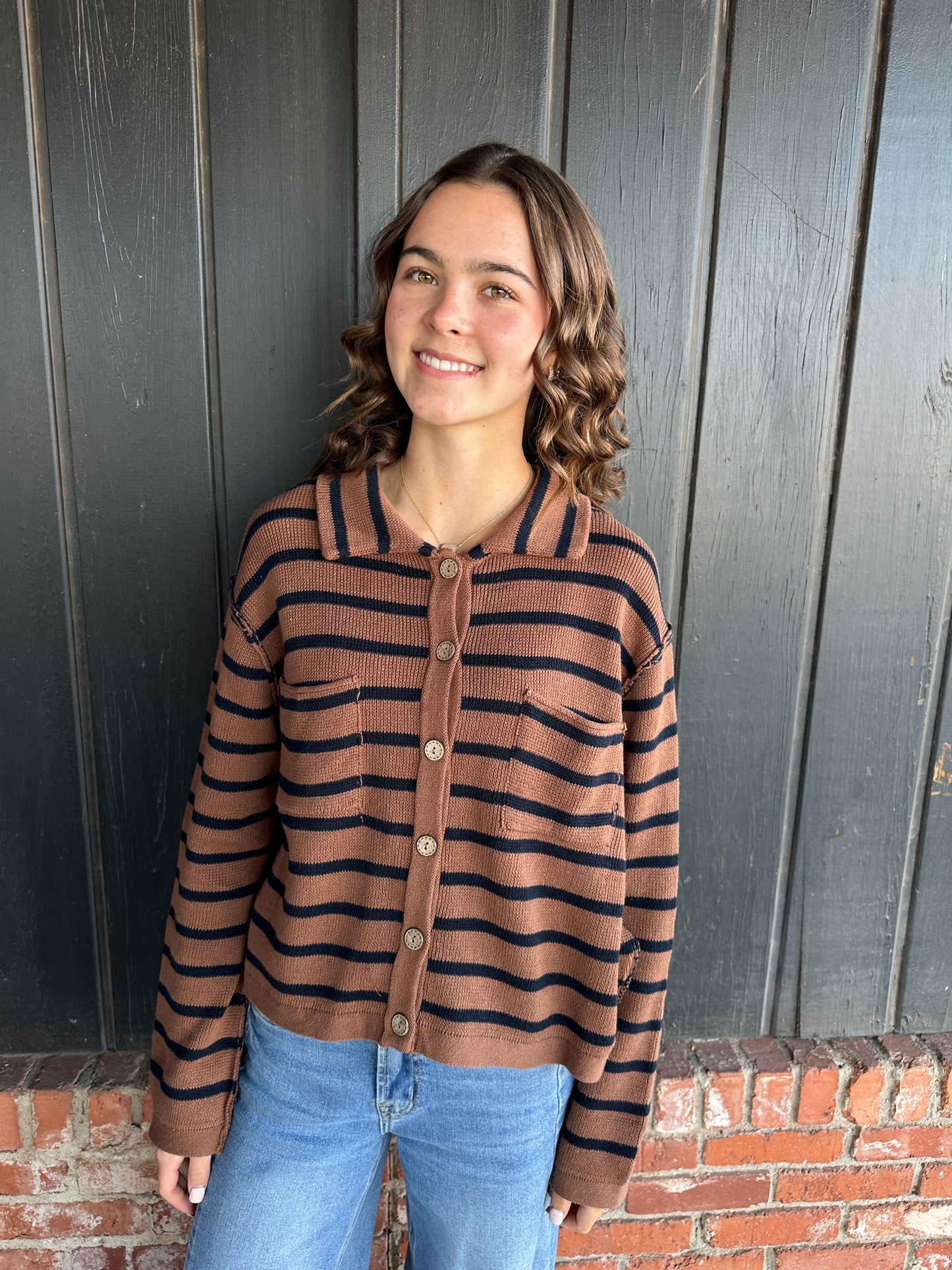 Brown Striped Collared Cardigan