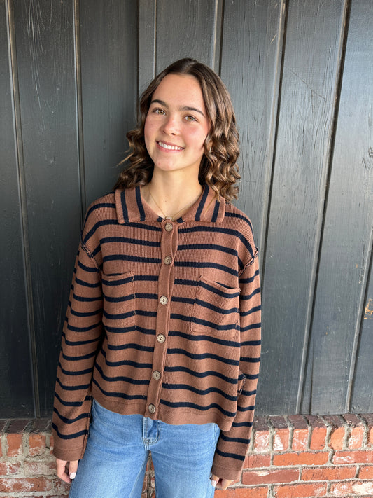 Brown Striped Collared Cardigan