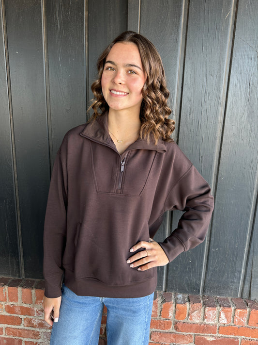 Chocolate Brown Modal Scuba Quarter Zip Funnel Neck Pullover