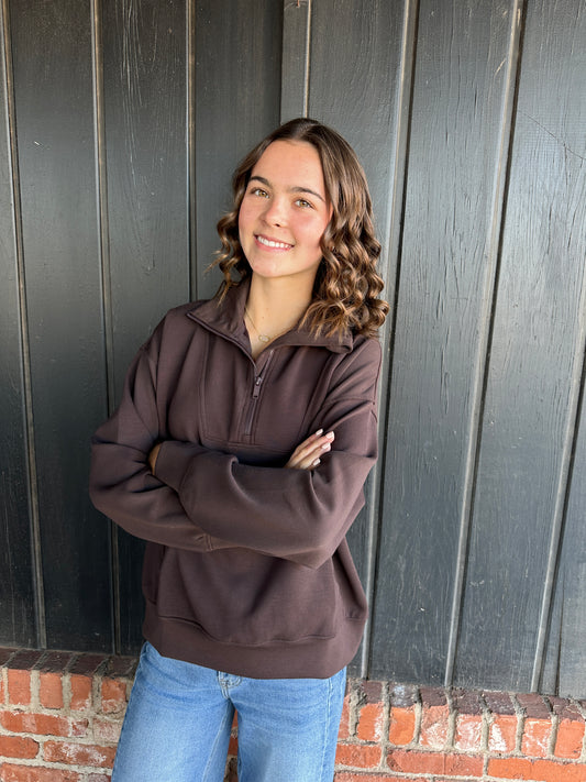 Chocolate Brown Modal Scuba Quarter Zip Funnel Neck Pullover
