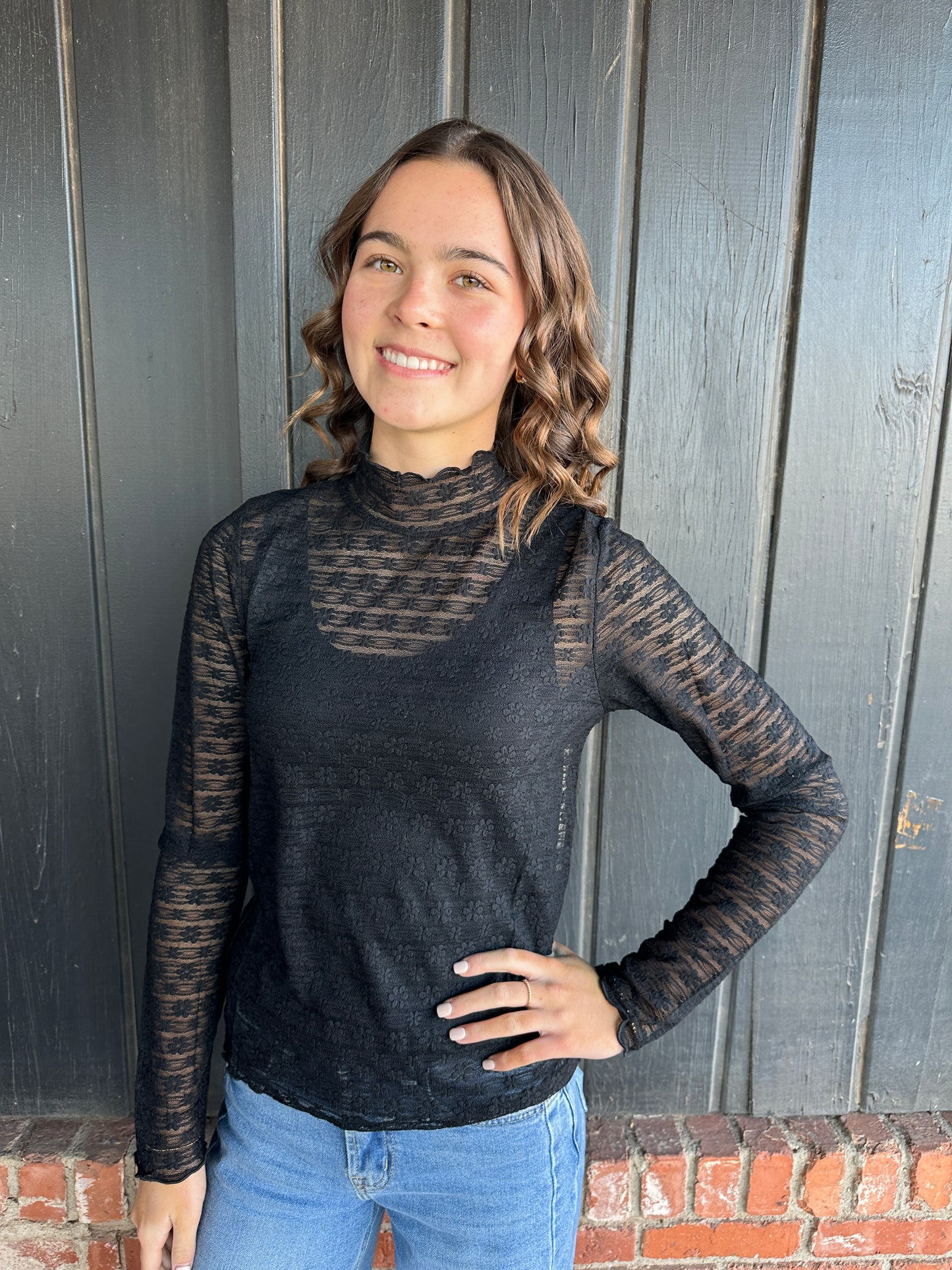 Lace Fabric Mock Neck Long Sleeve Top