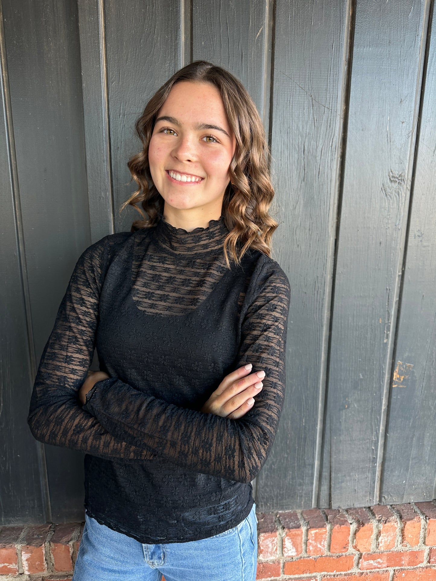 Lace Fabric Mock Neck Long Sleeve Top