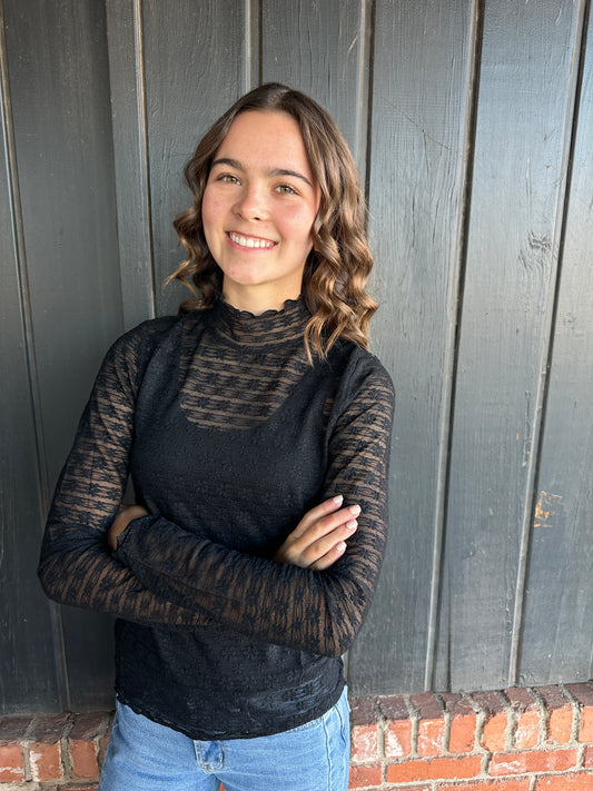 Lace Fabric Mock Neck Long Sleeve Top