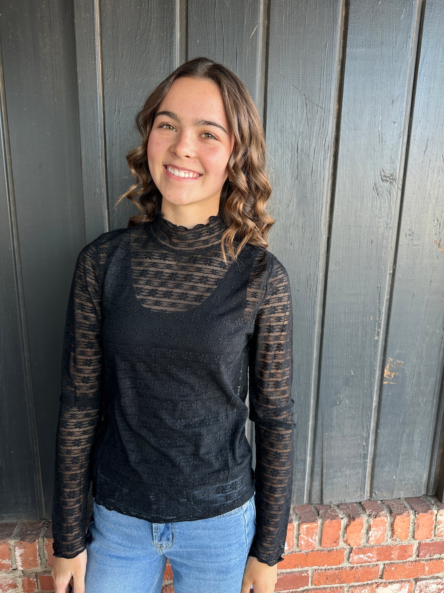 Lace Fabric Mock Neck Long Sleeve Top