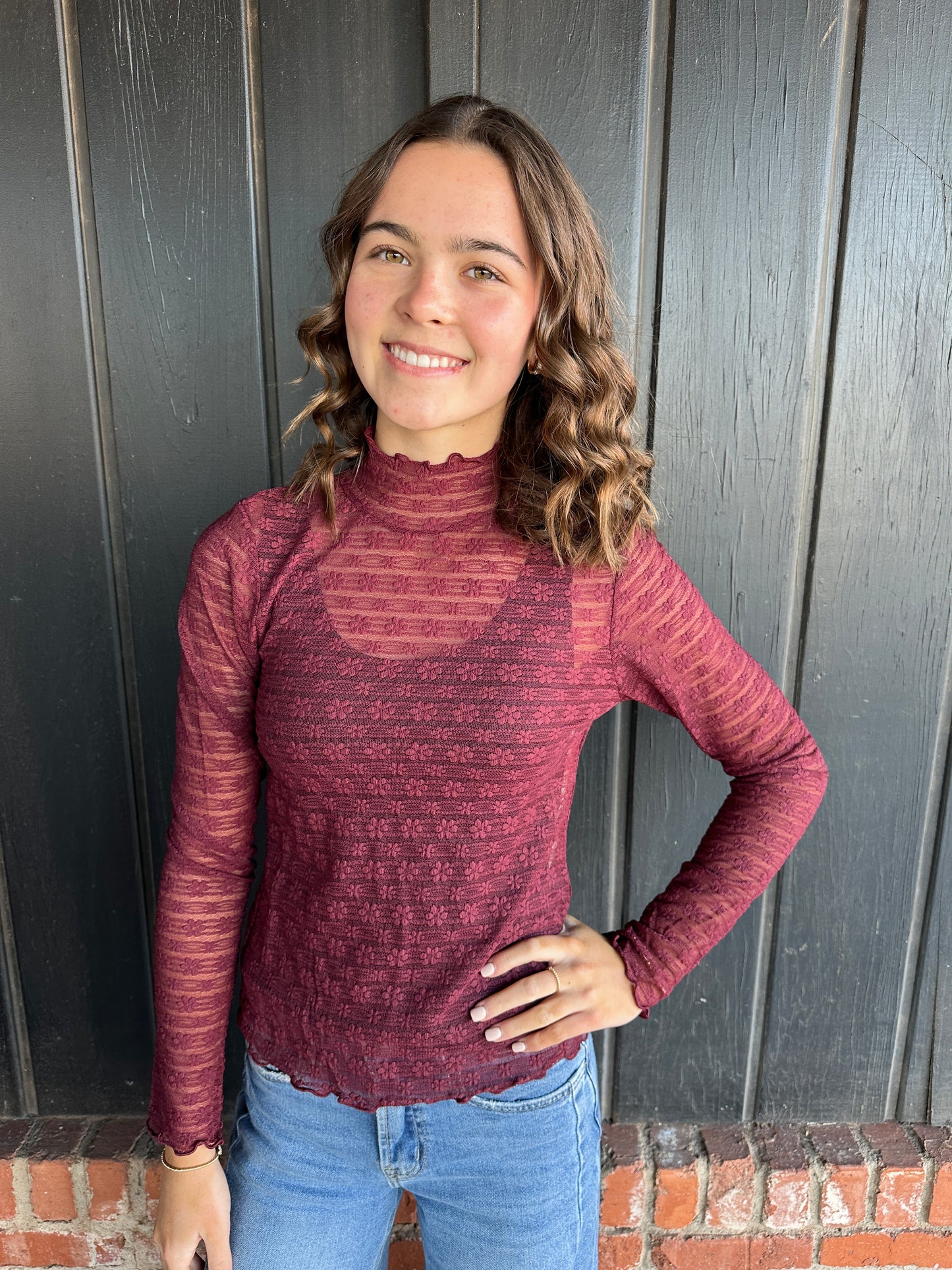 Wine Cream Mock Neck Lace Top