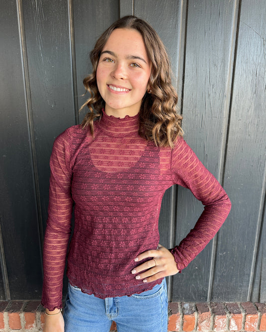 Wine Cream Mock Neck Lace Top