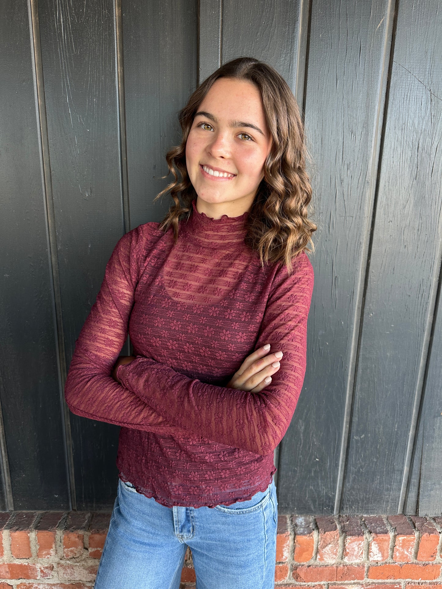 Wine Cream Mock Neck Lace Top