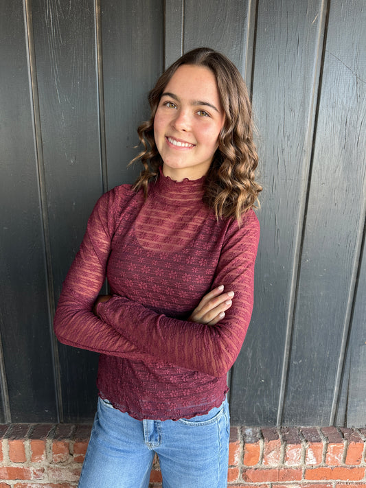 Wine Cream Mock Neck Lace Top
