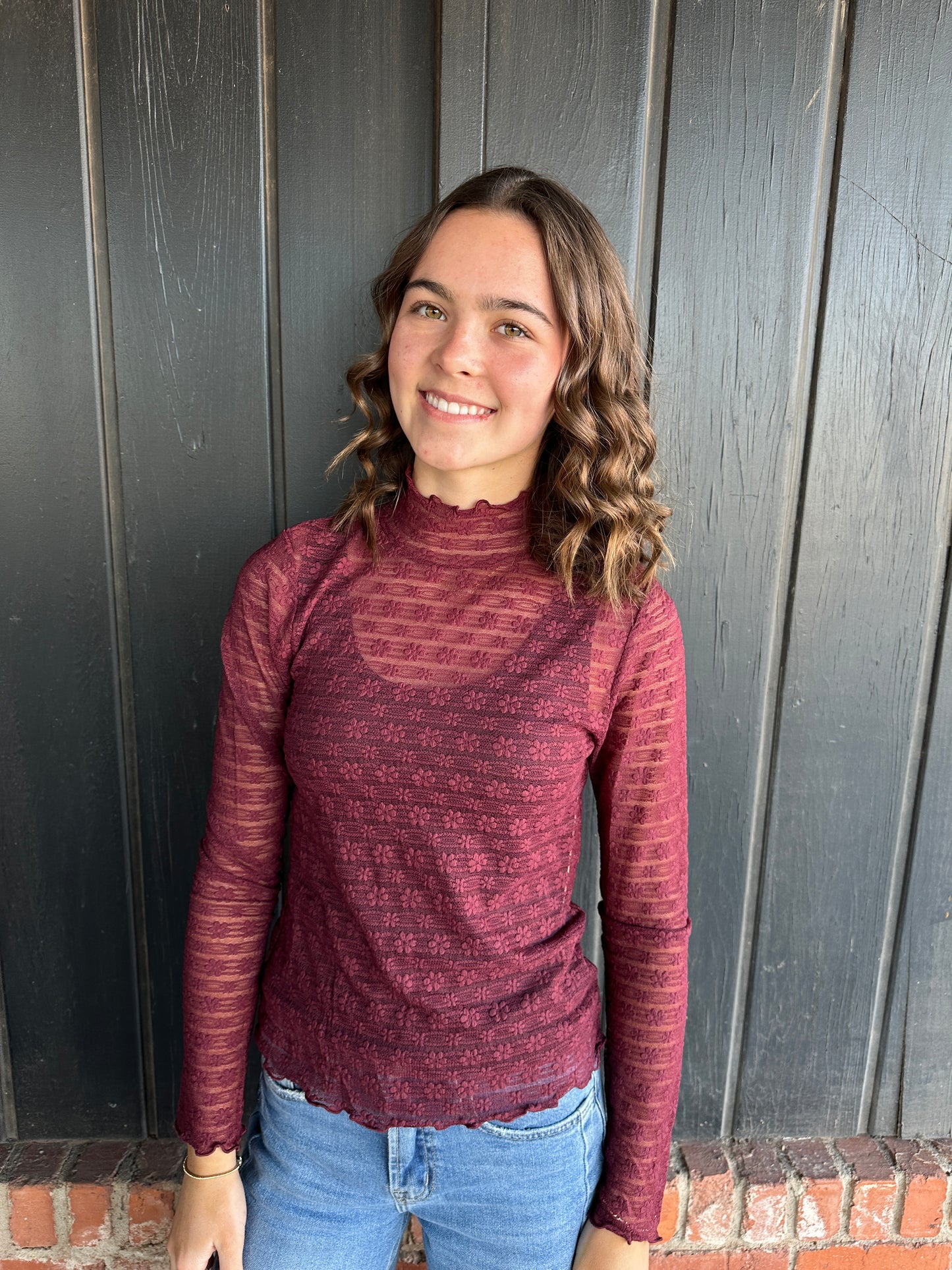 Wine Cream Mock Neck Lace Top