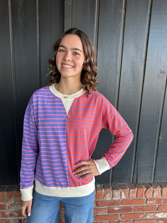 Purple Color Trimmed Stripe Blocked Sweatshirt